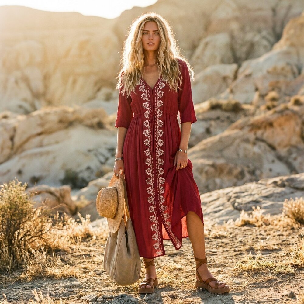 Piper & Scoot Red Fable Embroidered Midi Dress | Bohemian | Size Small